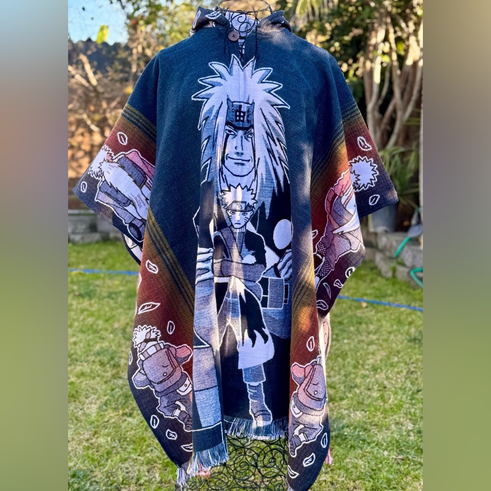 Japanese Anime alpaca poncho, one size, unisex hooded hand made in Ecuador.